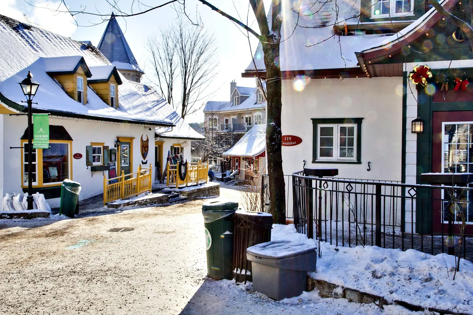 Snowy street in the Mont Tremblant resort village near the ski lift