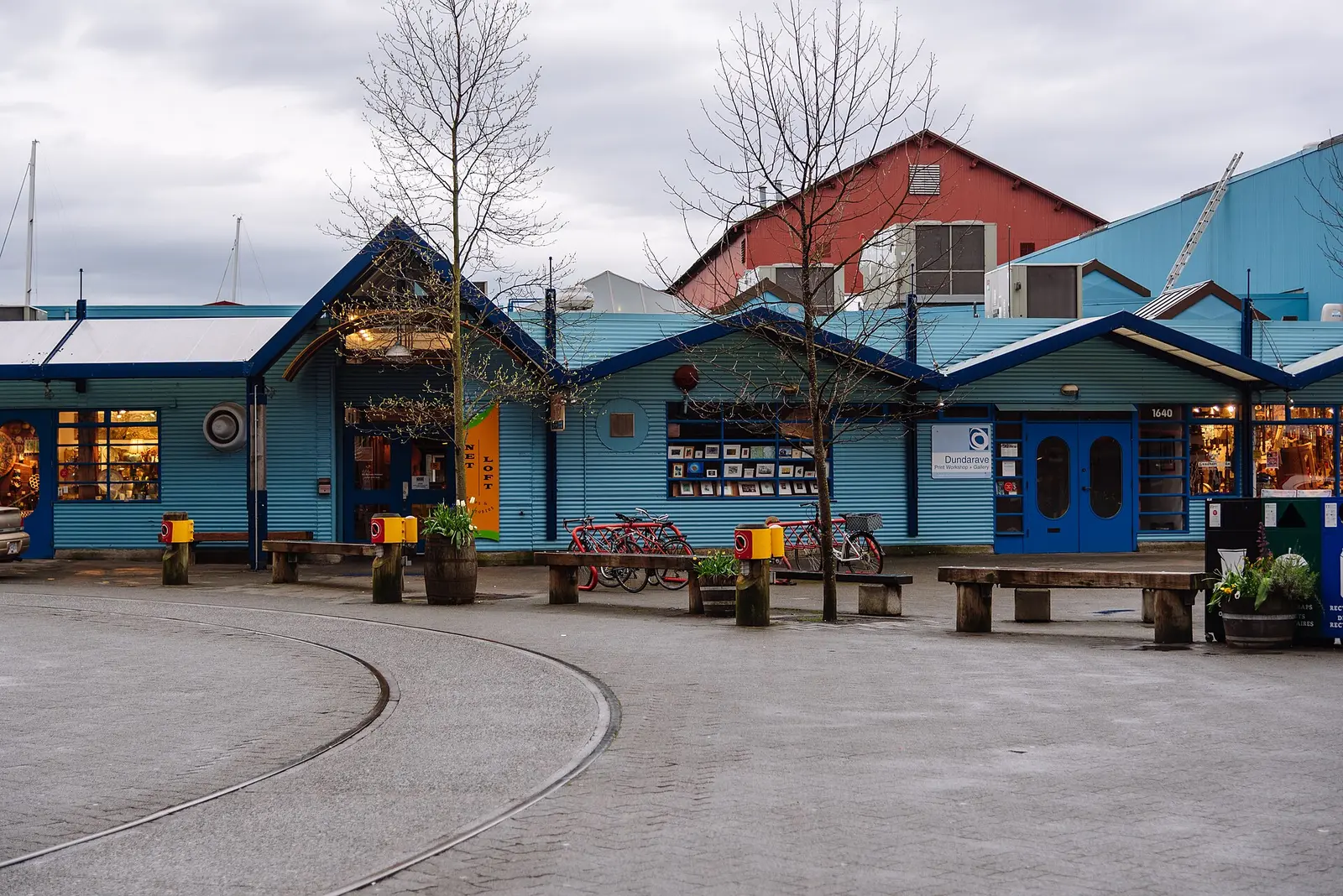 Blue and red shopfronts on Granville Island in Vancouver